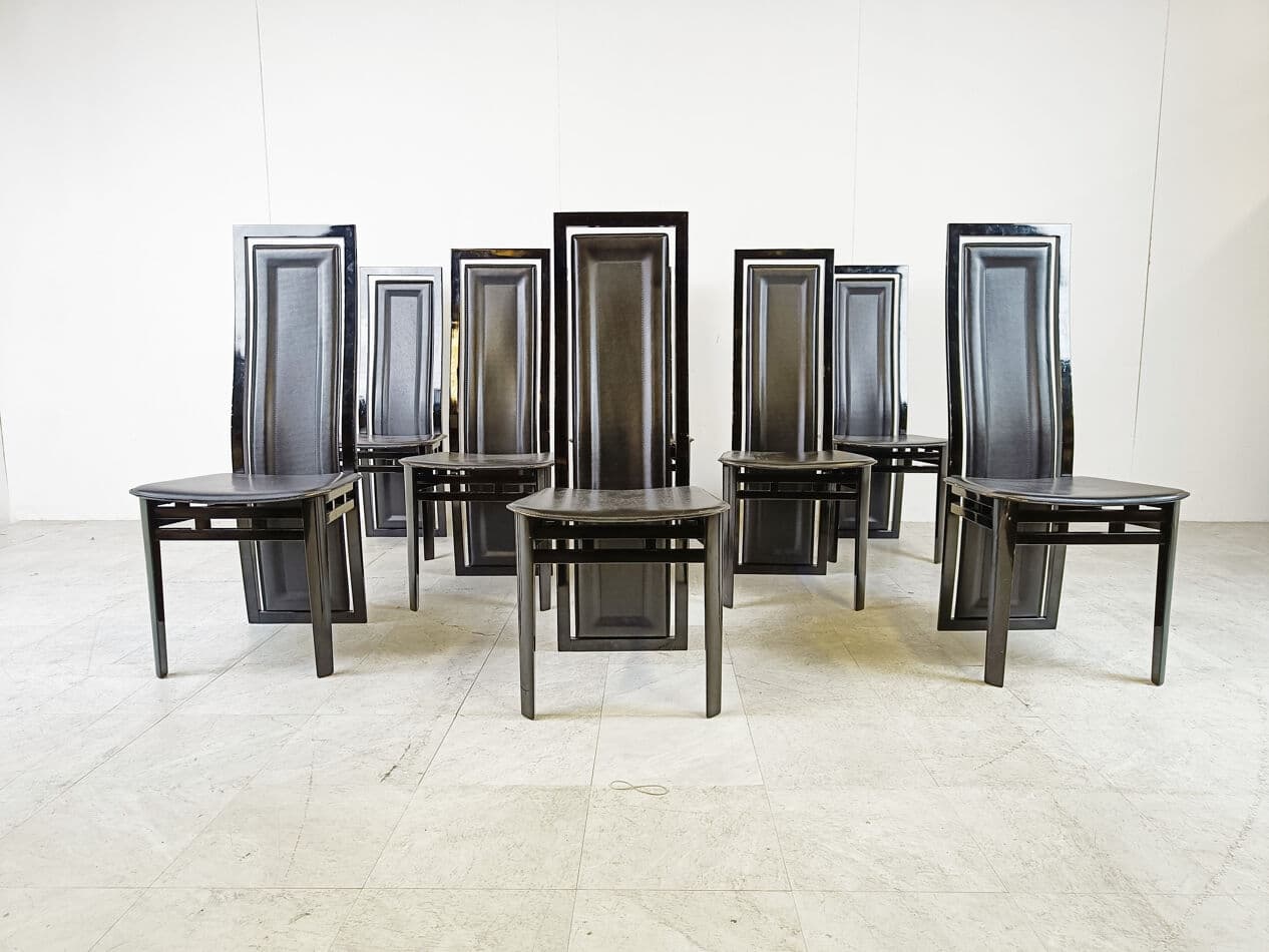 Set of eight dining chairs, black, wood, leather, by A. Sibau, Italy, 1980s. - 274368