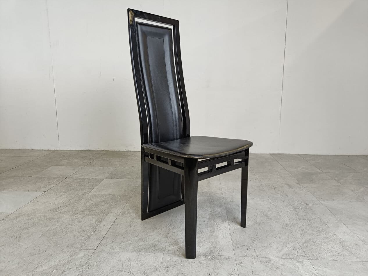 Set of eight dining chairs, black, wood, leather, by A. Sibau, Italy, 1980s. - 274373