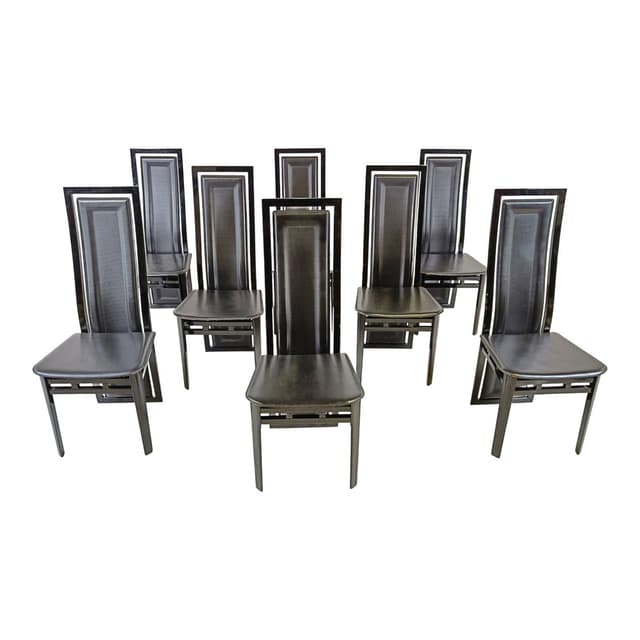 Set of eight dining chairs, black, wood, leather, by A. Sibau, Italy, 1980s. - DIMENSION