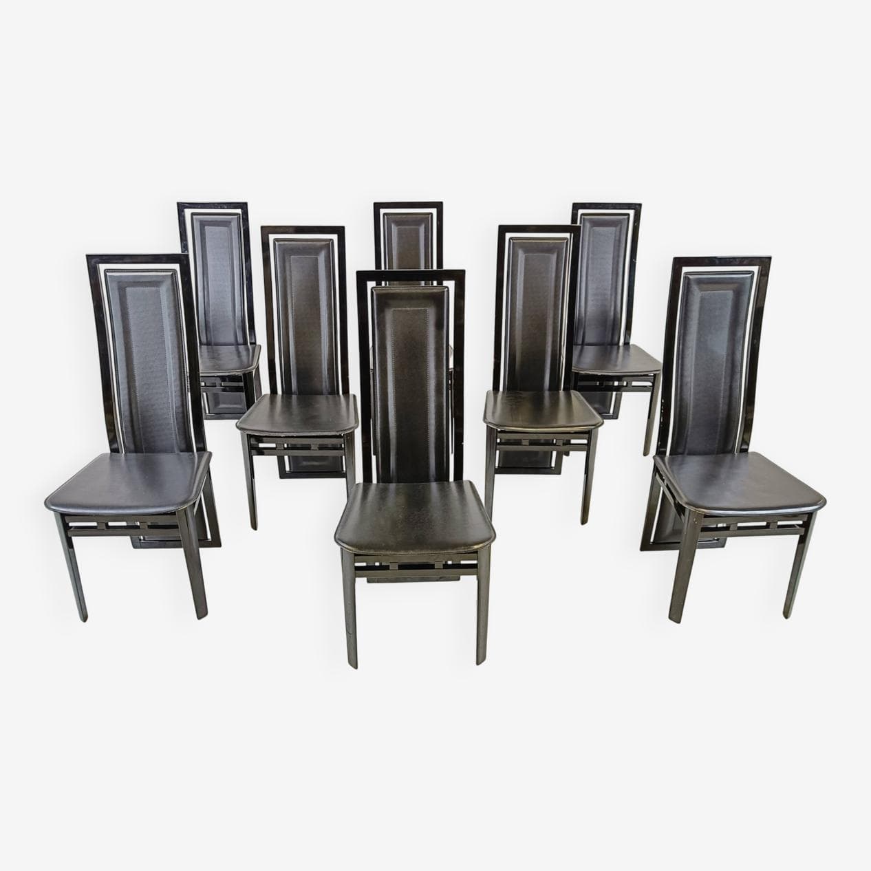 Set of eight dining chairs, black, wood, leather, by A. Sibau, Italy, 1980s. - 274365