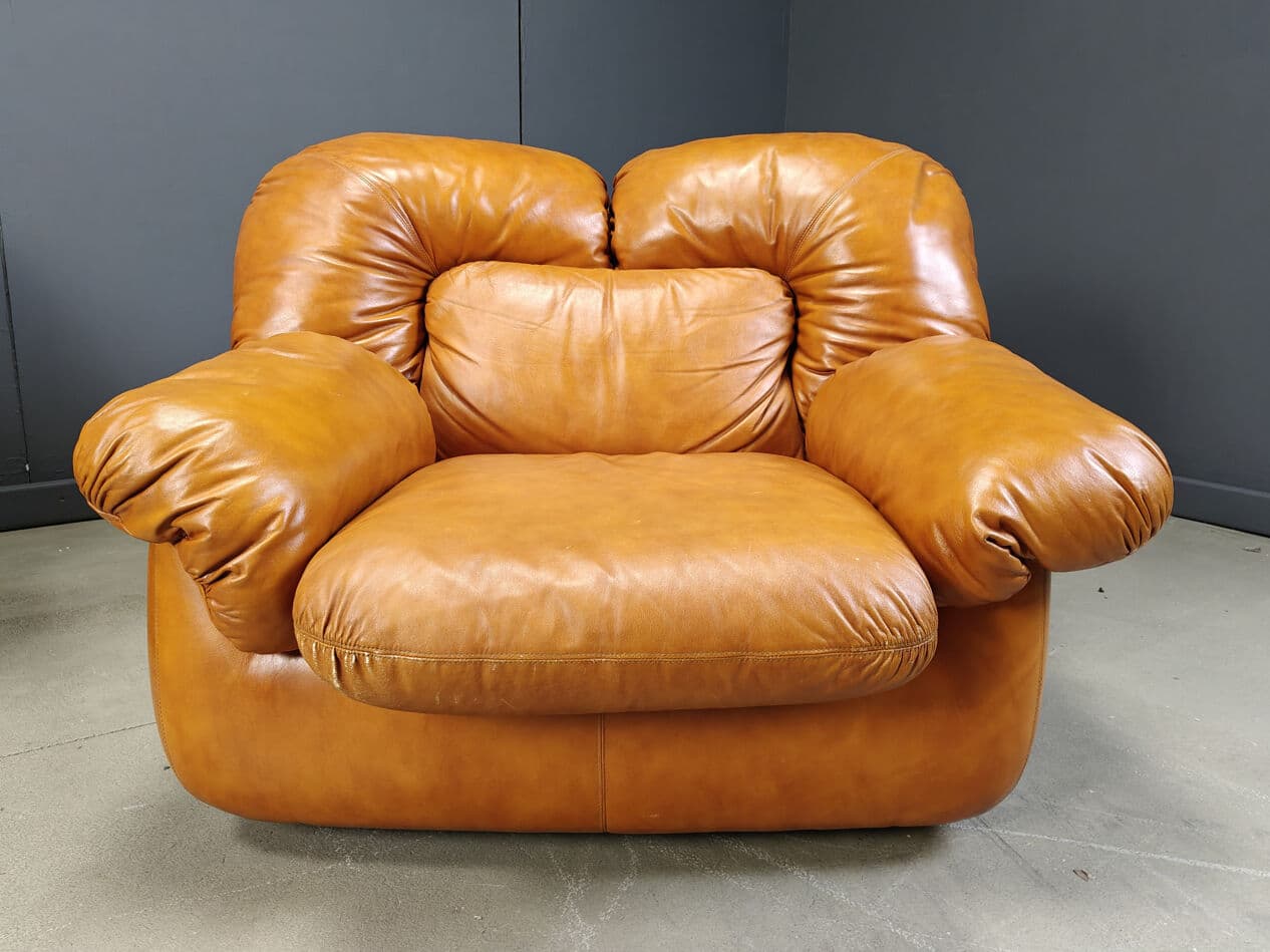 Zestaw wypoczynkowy, skóra brązowa, proj. E. Biella, Grappeggia, Włochy, lata 70. - 274334