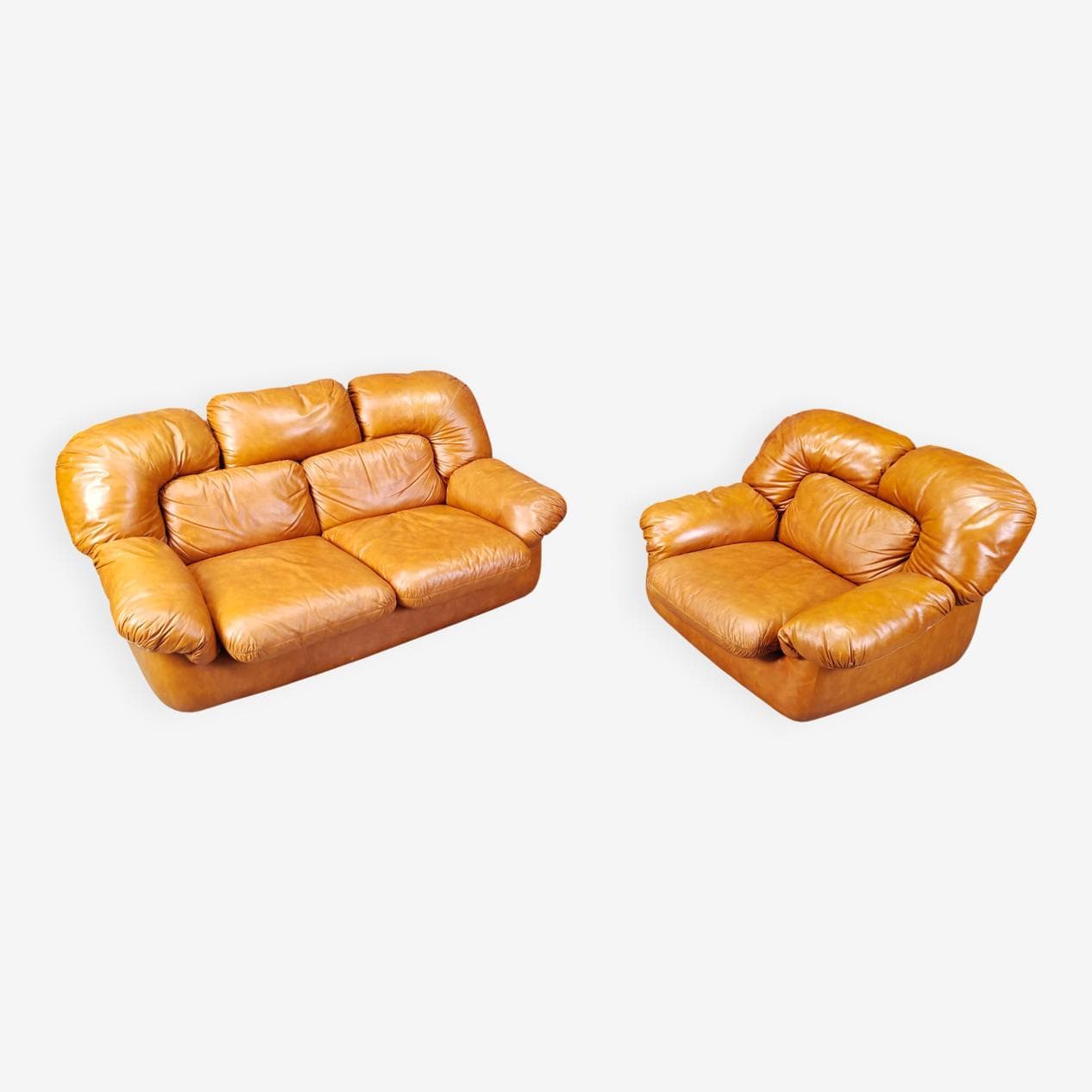 Zestaw wypoczynkowy, skóra brązowa, proj. E. Biella, Grappeggia, Włochy, lata 70. - 274330