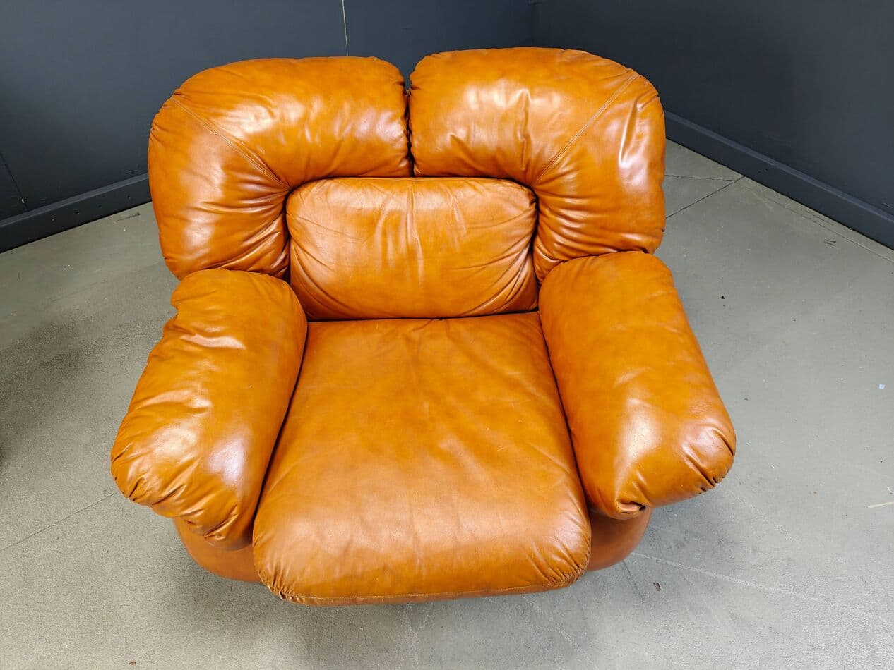 Zestaw wypoczynkowy, skóra brązowa, proj. E. Biella, Grappeggia, Włochy, lata 70. - 274332