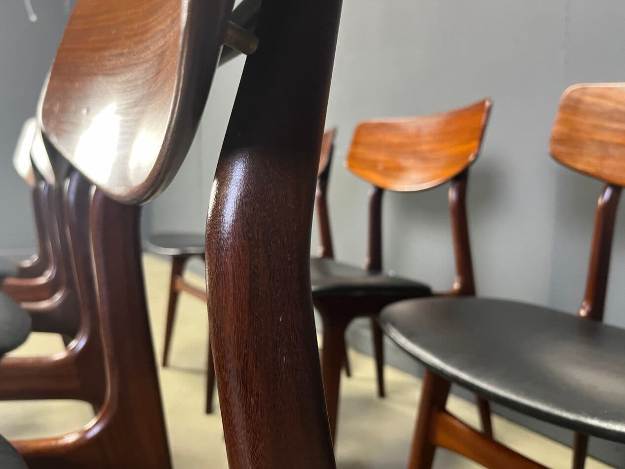 Siedmioczęściowy zestaw jadalniany, teak brązowy, tkanina czarna, proj. L. van Teeffelen, WéBé, Holandia, lata 60. - 274215