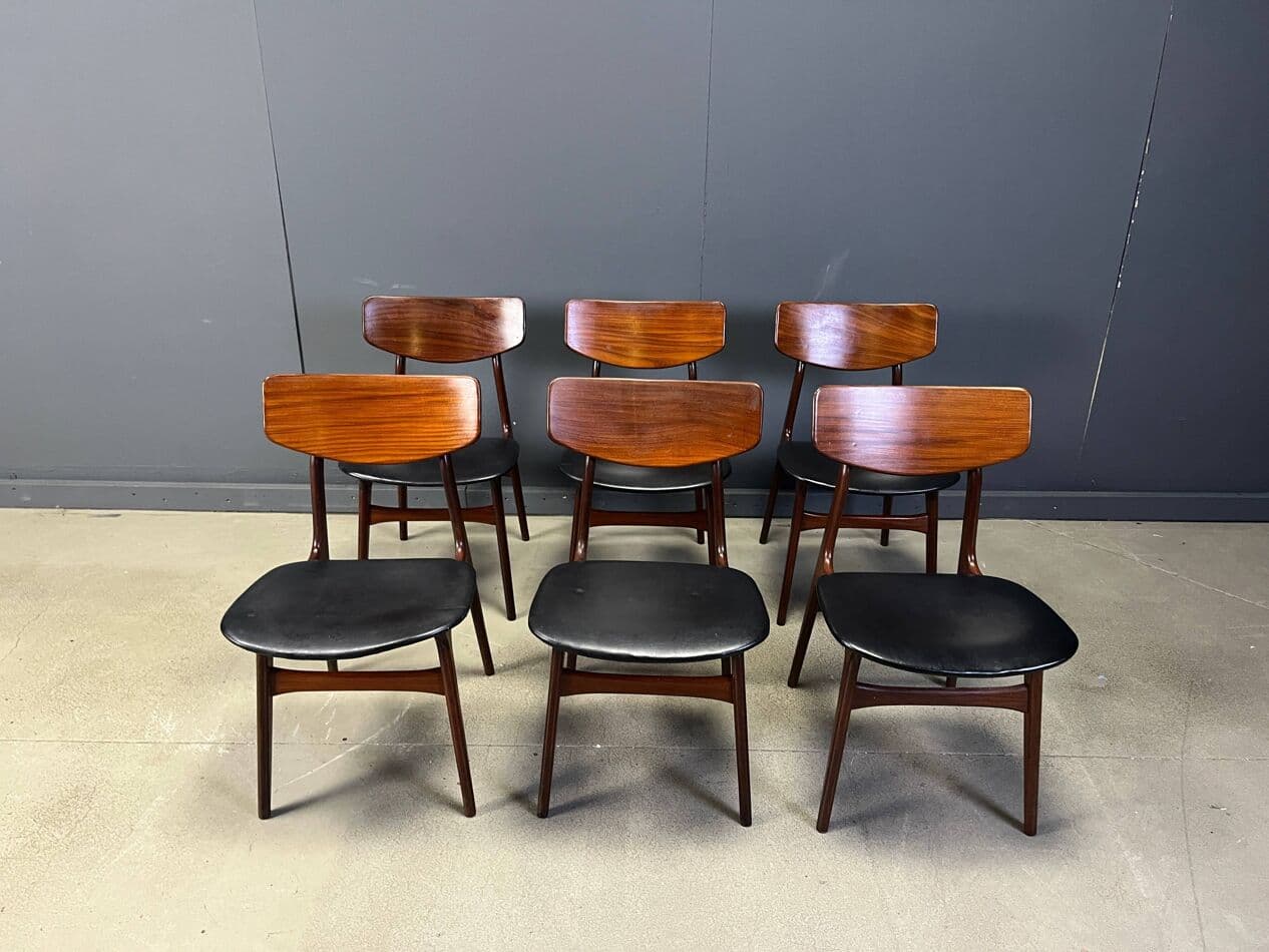 Siedmioczęściowy zestaw jadalniany, teak brązowy, tkanina czarna, proj. L. van Teeffelen, WéBé, Holandia, lata 60. - 274216