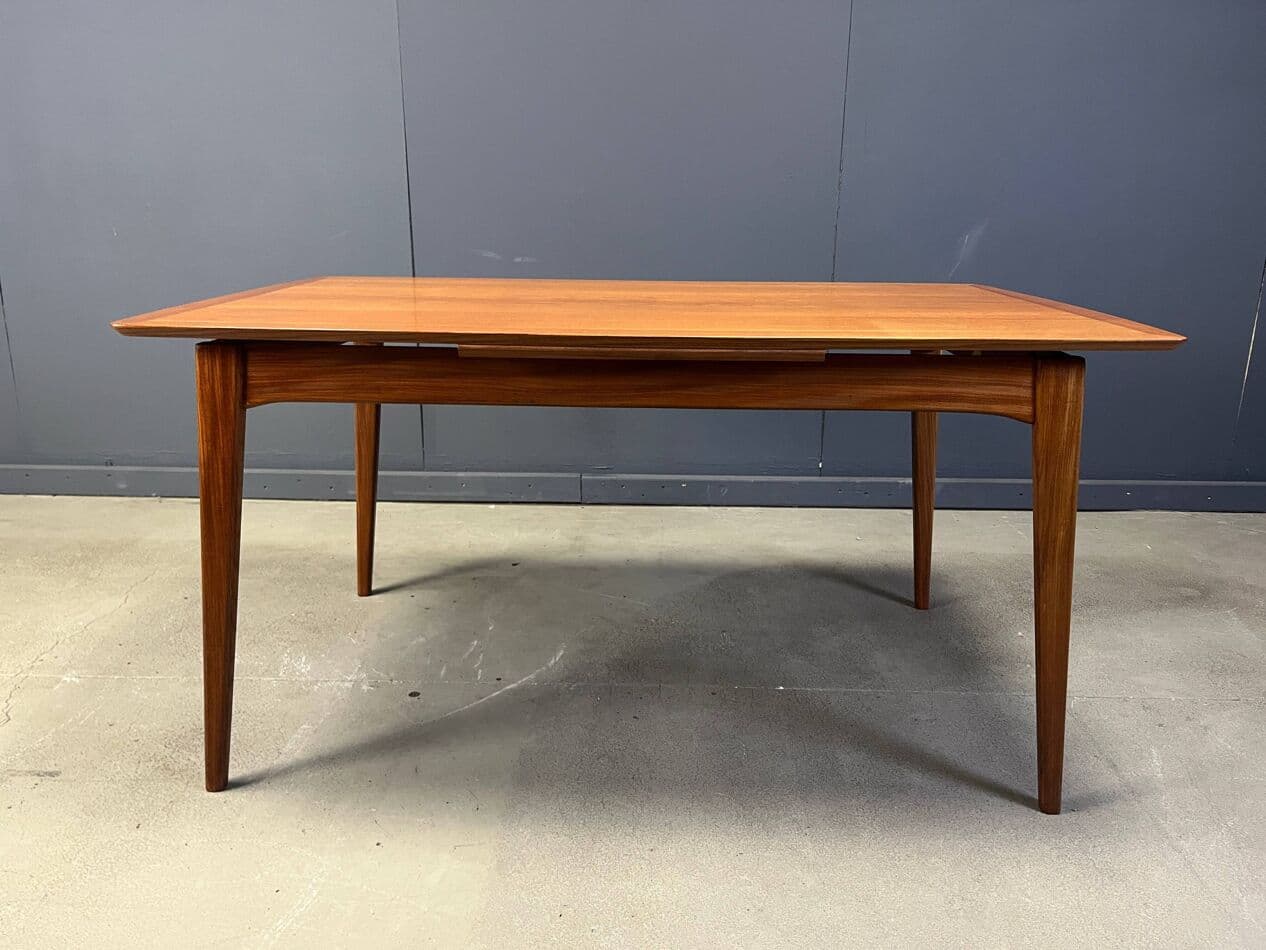 Siedmioczęściowy zestaw jadalniany, teak brązowy, tkanina czarna, proj. L. van Teeffelen, WéBé, Holandia, lata 60. - 274217