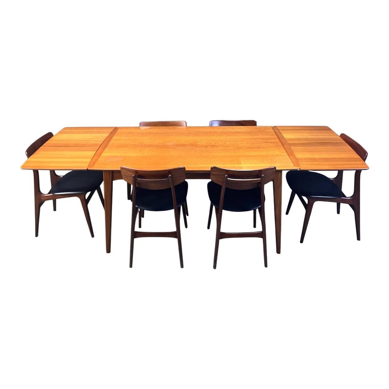 Siedmioczęściowy zestaw jadalniany, teak brązowy, tkanina czarna, proj. L. van Teeffelen, WéBé, Holandia, lata 60.