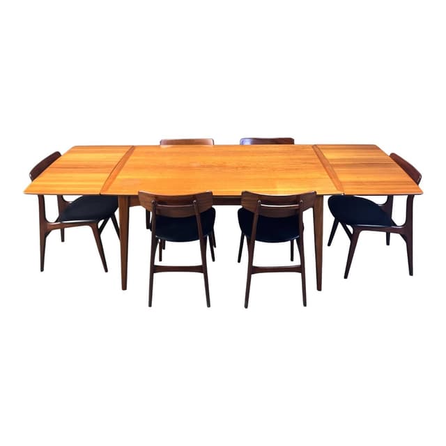 Siedmioczęściowy zestaw jadalniany, teak brązowy, tkanina czarna, proj. L. van Teeffelen, WéBé, Holandia, lata 60. - WYMIARY