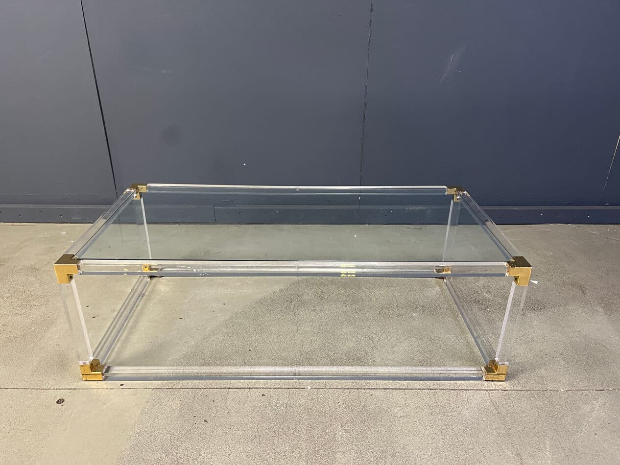 Coffee table, transparent lucite, brass, glass, Belgium, 1970s. - 274169