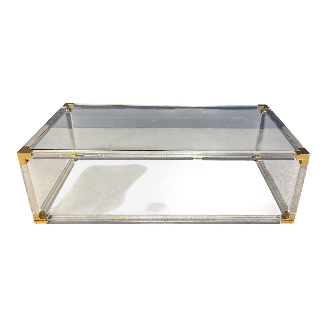 Coffee table, transparent lucite, brass, glass, Belgium, 1970s.