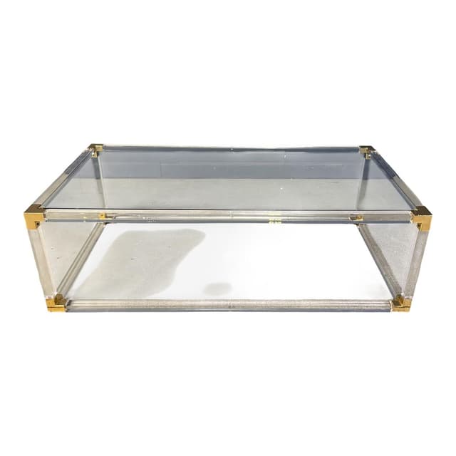 Coffee table, transparent lucite, brass, glass, Belgium, 1970s. - DIMENSION