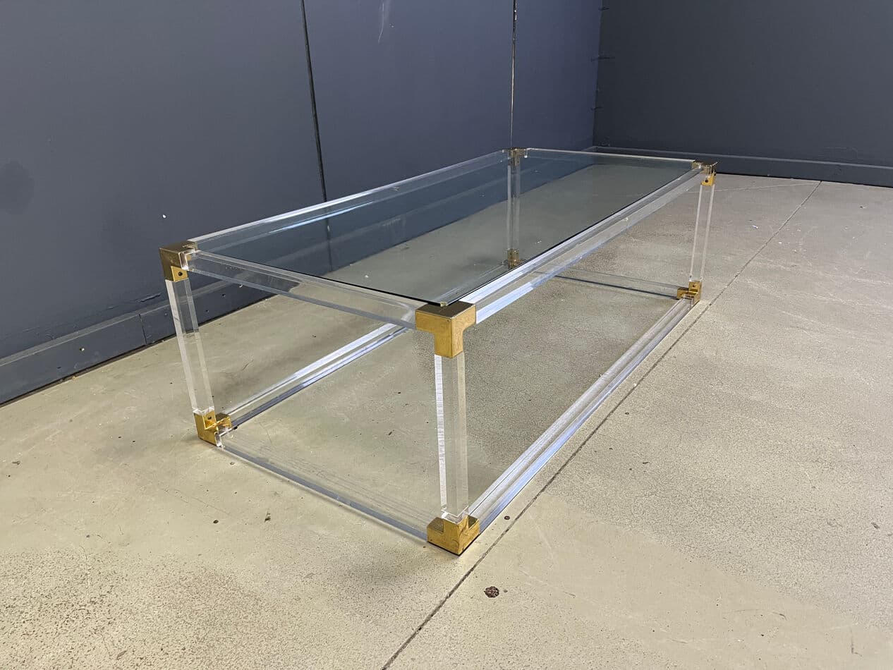 Coffee table, transparent lucite, brass, glass, Belgium, 1970s. - 274174