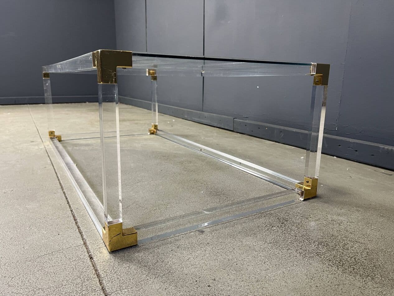 Coffee table, transparent lucite, brass, glass, Belgium, 1970s. - 274173