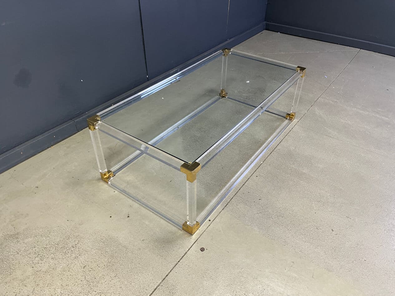 Coffee table, transparent lucite, brass, glass, Belgium, 1970s. - 274176