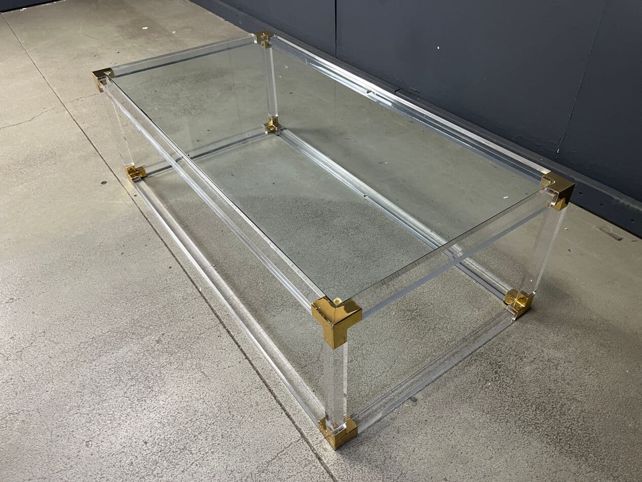 Coffee table, transparent lucite, brass, glass, Belgium, 1970s. - 274167