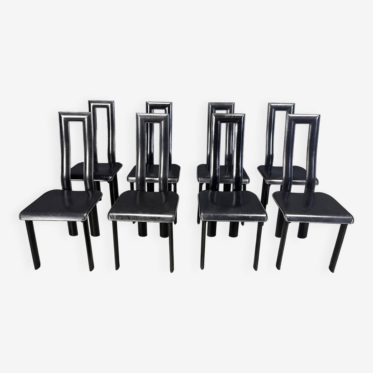 Set of eight dining chairs Regia, black aluminum, black leather, by A. Mosca, Italy, 1980s. - 274129