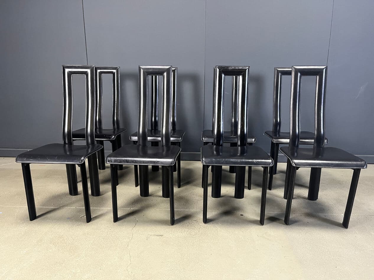 Set of eight dining chairs Regia, black aluminum, black leather, by A. Mosca, Italy, 1980s. - 274133