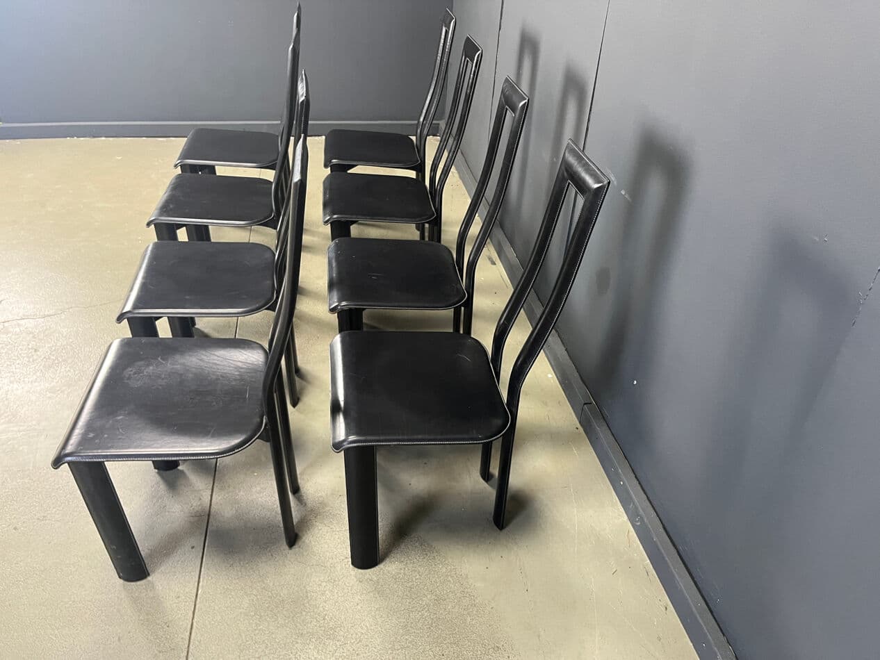 Set of eight dining chairs Regia, black aluminum, black leather, by A. Mosca, Italy, 1980s. - 274127