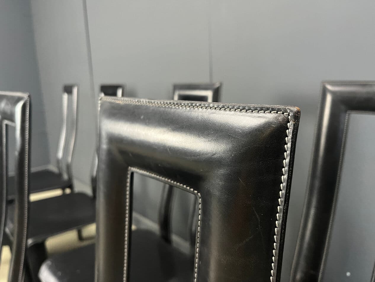 Set of eight dining chairs Regia, black aluminum, black leather, by A. Mosca, Italy, 1980s. - 274128