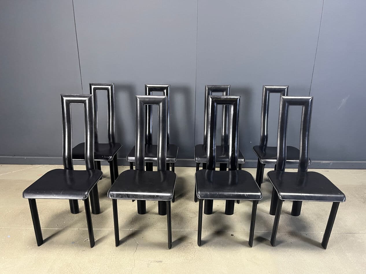Set of eight dining chairs Regia, black aluminum, black leather, by A. Mosca, Italy, 1980s. - 274125