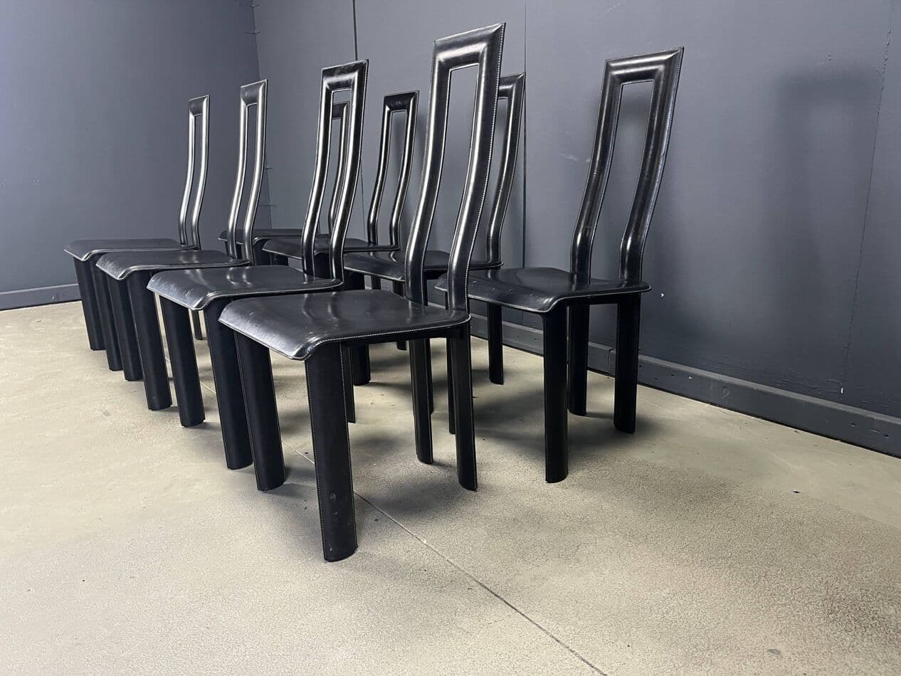 Set of eight dining chairs Regia, black aluminum, black leather, by A. Mosca, Italy, 1980s. - 274132