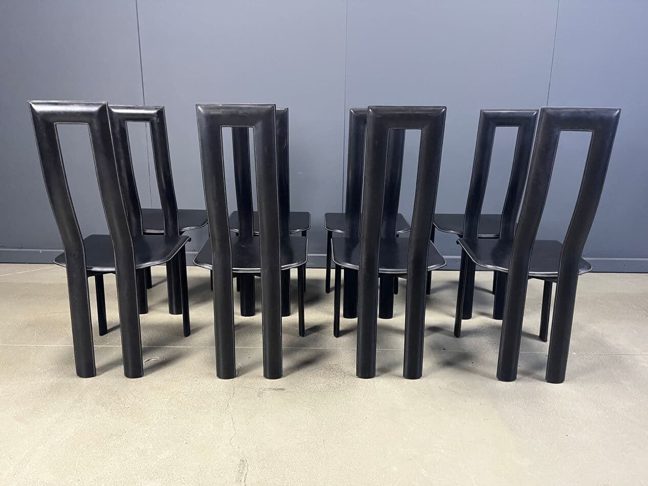 Set of eight dining chairs Regia, black aluminum, black leather, by A. Mosca, Italy, 1980s. - 274126