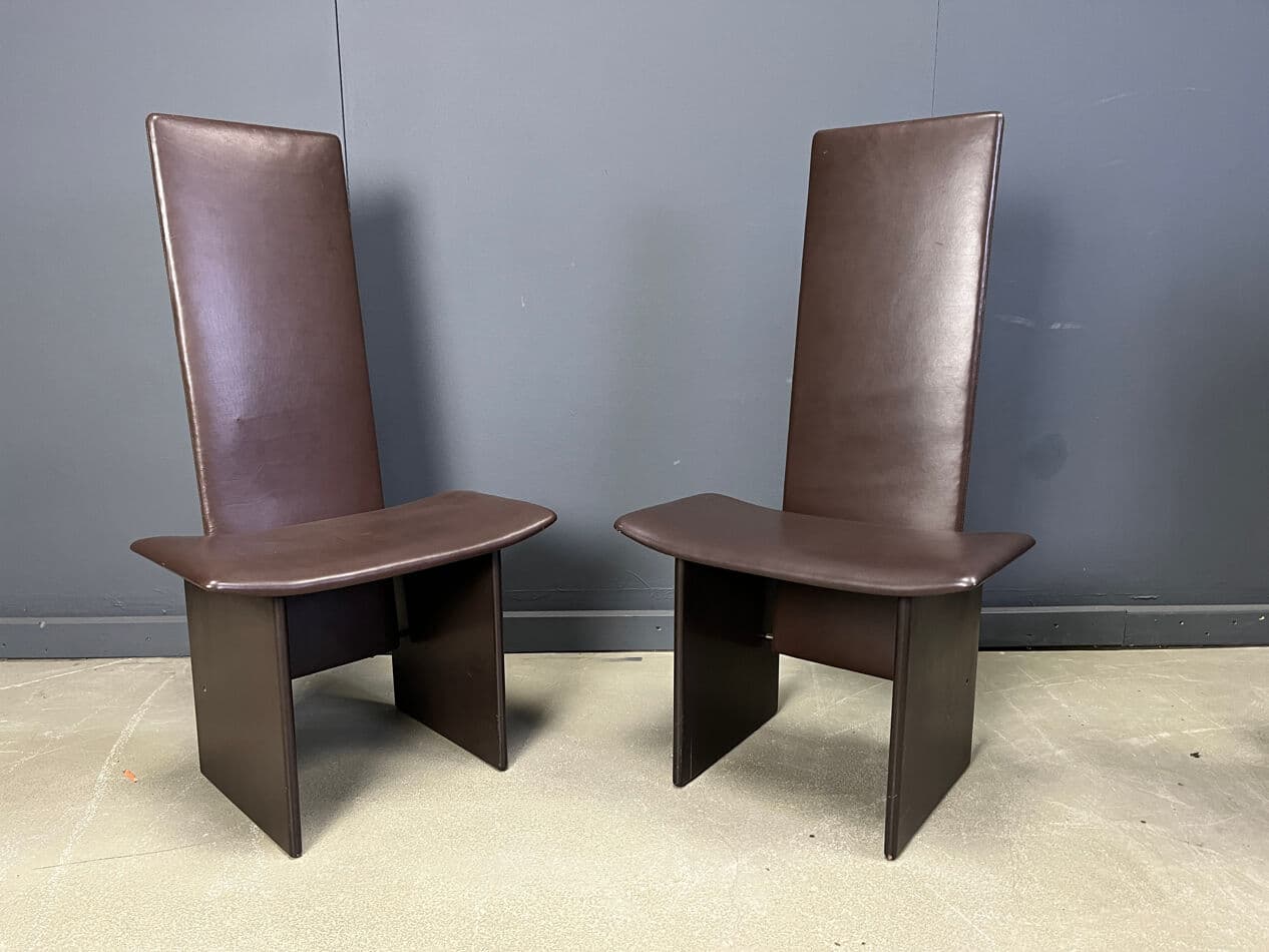 Set of six dining chairs Rennie, brown leather, brown wood, by K. Takahama, Italy, 1970s. - 274080