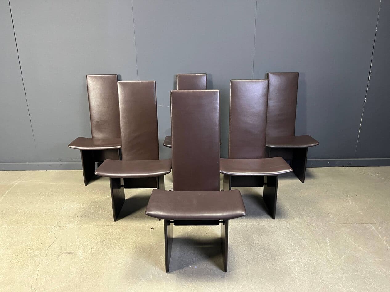 Set of six dining chairs Rennie, brown leather, brown wood, by K. Takahama, Italy, 1970s. - 274077