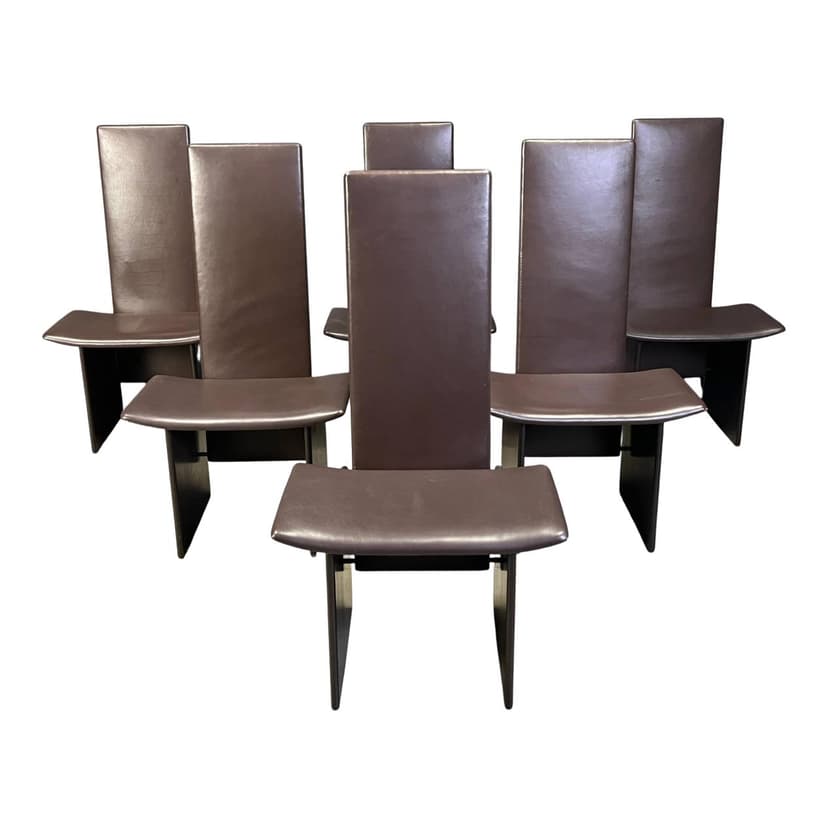 Zestaw sześciu krzeseł jadalnianych Rennie, skóra brązowa, drewno brązowe, proj. K. Takahama, Włochy, lata 70.
