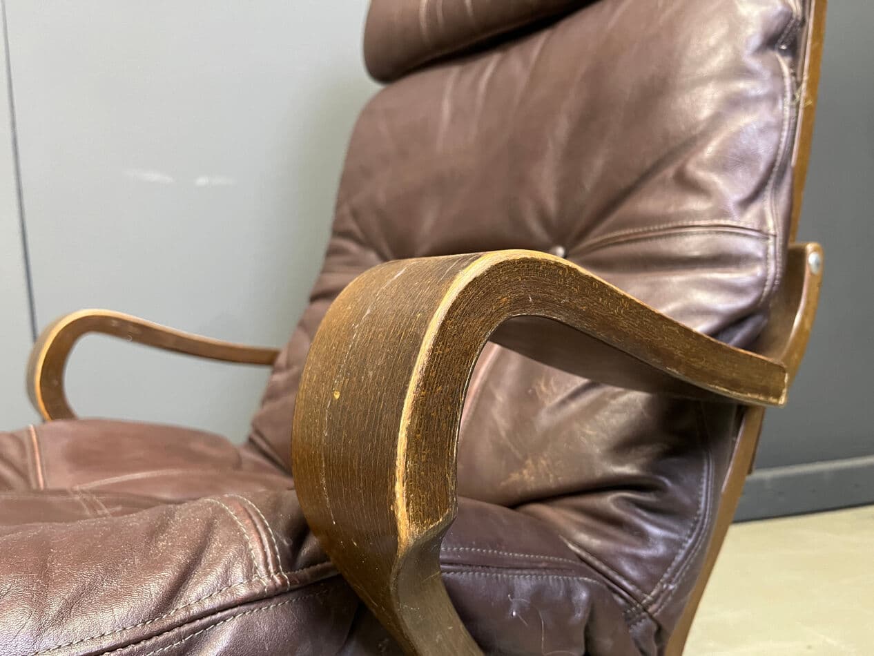 Fotel wypoczynkowy skandynawski, skóra brązowa, buk gięty, Norwegia, lata 70. - 274052