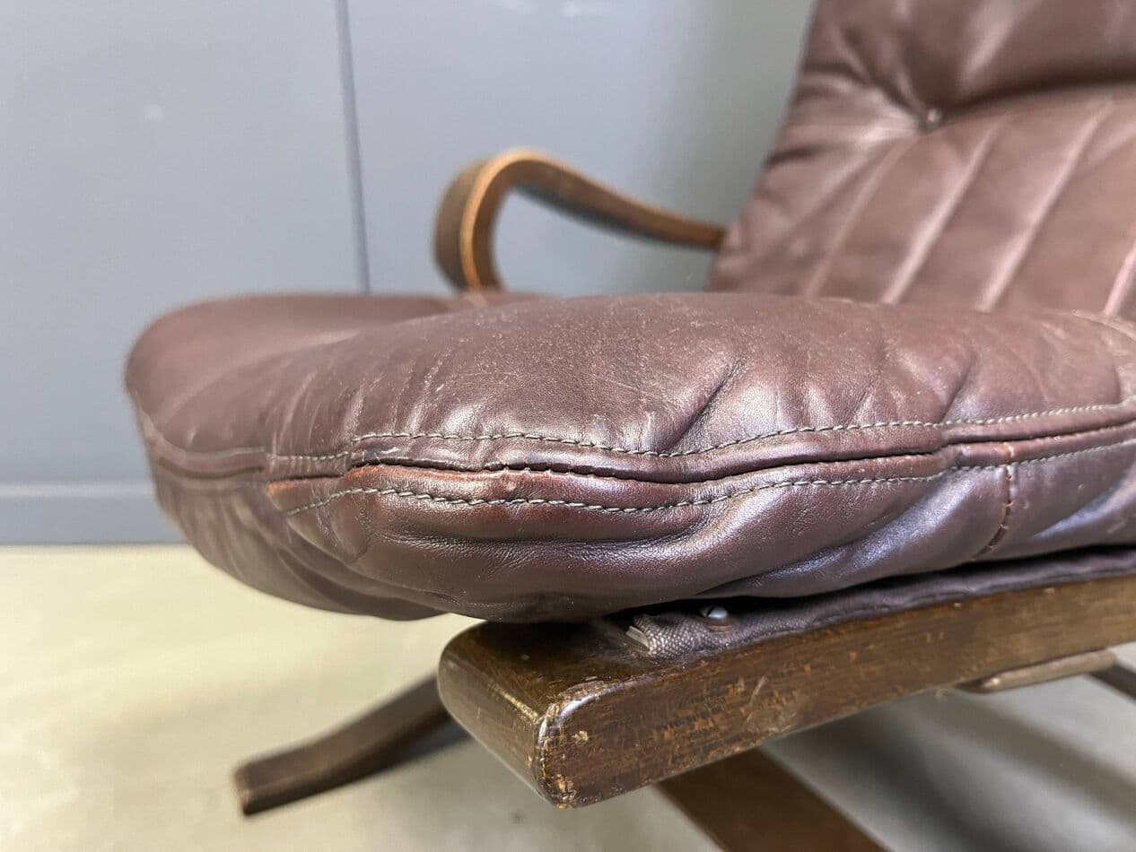 Fotel wypoczynkowy skandynawski, skóra brązowa, buk gięty, Norwegia, lata 70. - 274051