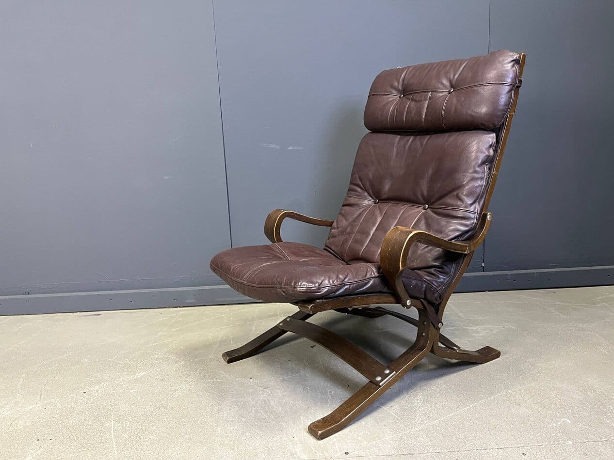 Fotel wypoczynkowy skandynawski, skóra brązowa, buk gięty, Norwegia, lata 70. - 274048