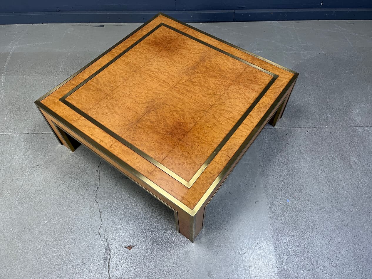 Coffee table, brown burl wood, brass, by J. C. Mahey, France, 1970s - 274040