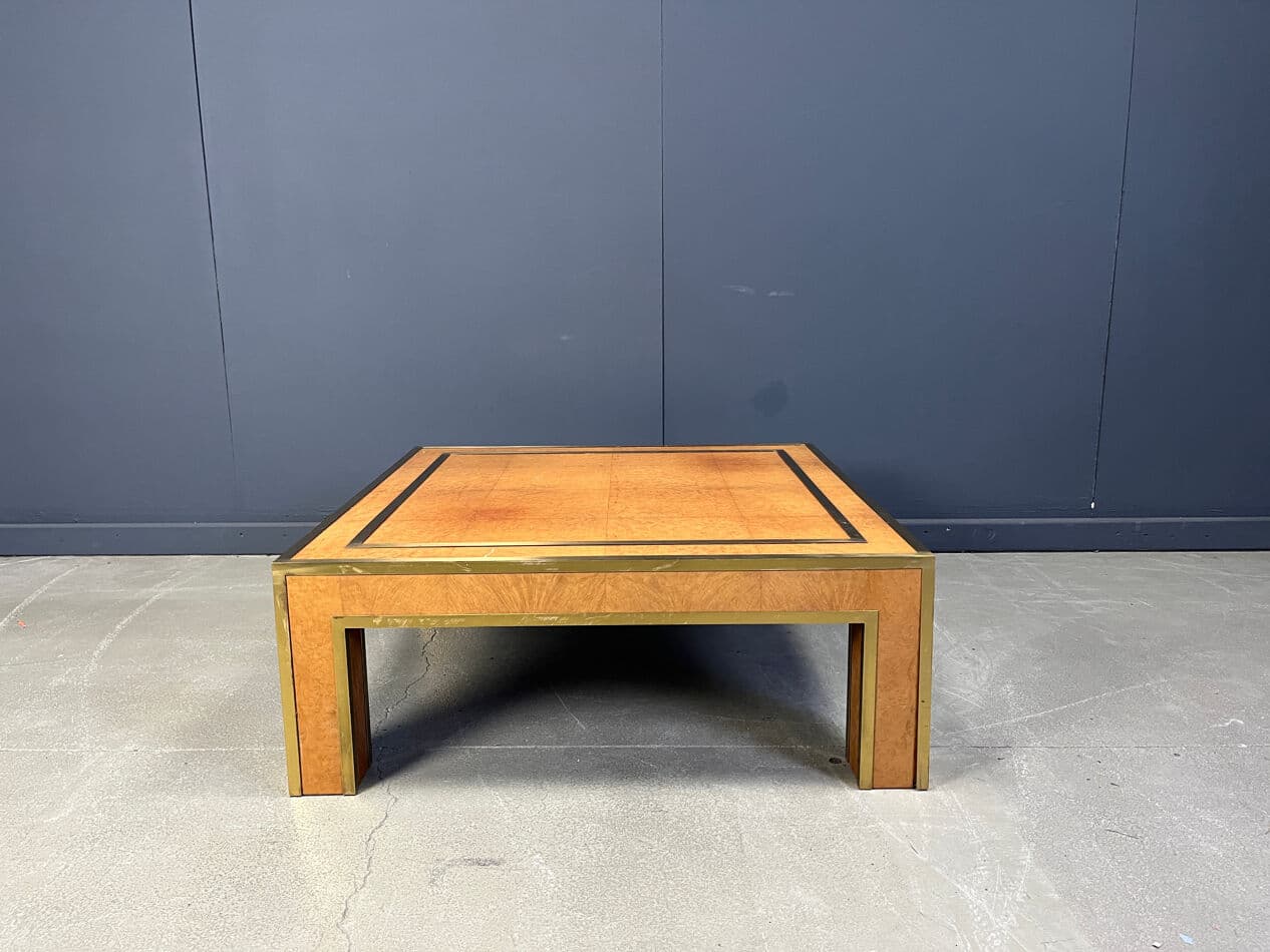 Coffee table, brown burl wood, brass, by J. C. Mahey, France, 1970s - 274036