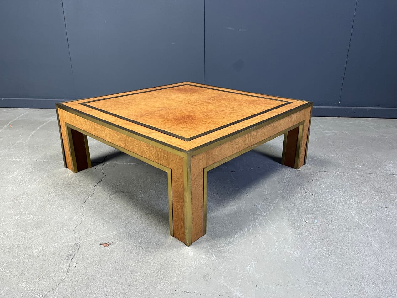 Coffee table, brown burl wood, brass, by J. C. Mahey, France, 1970s - 274041