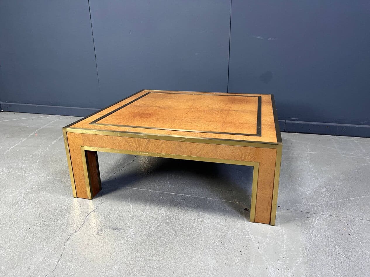 Coffee table, brown burl wood, brass, by J. C. Mahey, France, 1970s - 274045