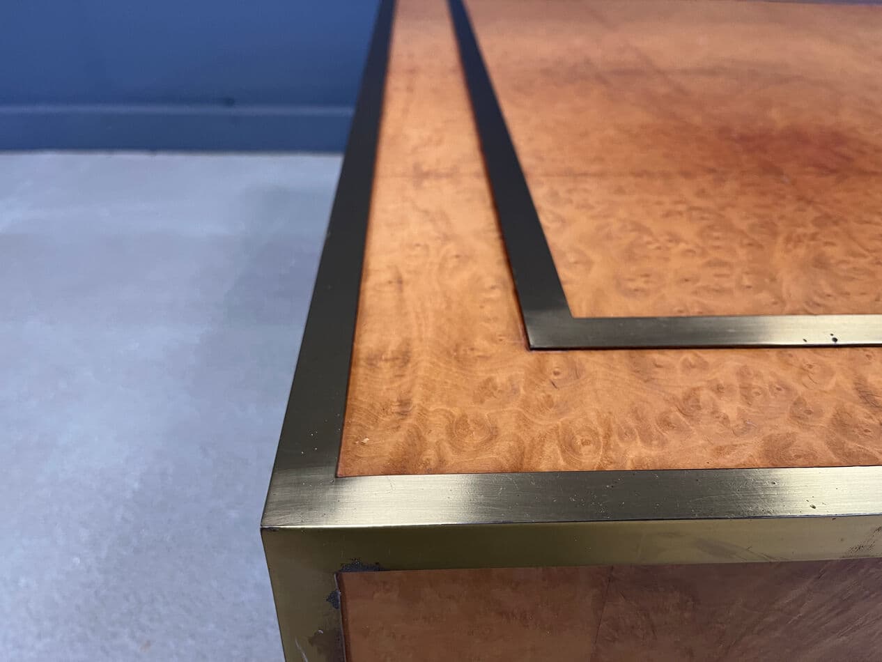 Coffee table, brown burl wood, brass, by J. C. Mahey, France, 1970s - 274043