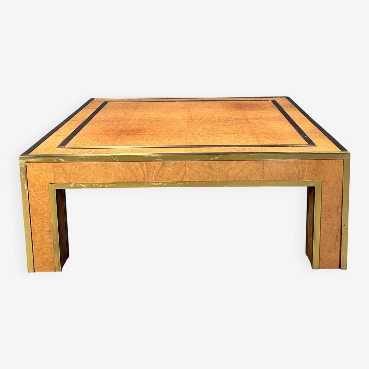 Coffee table, brown burl wood, brass, by J. C. Mahey, France, 1970s - 274037