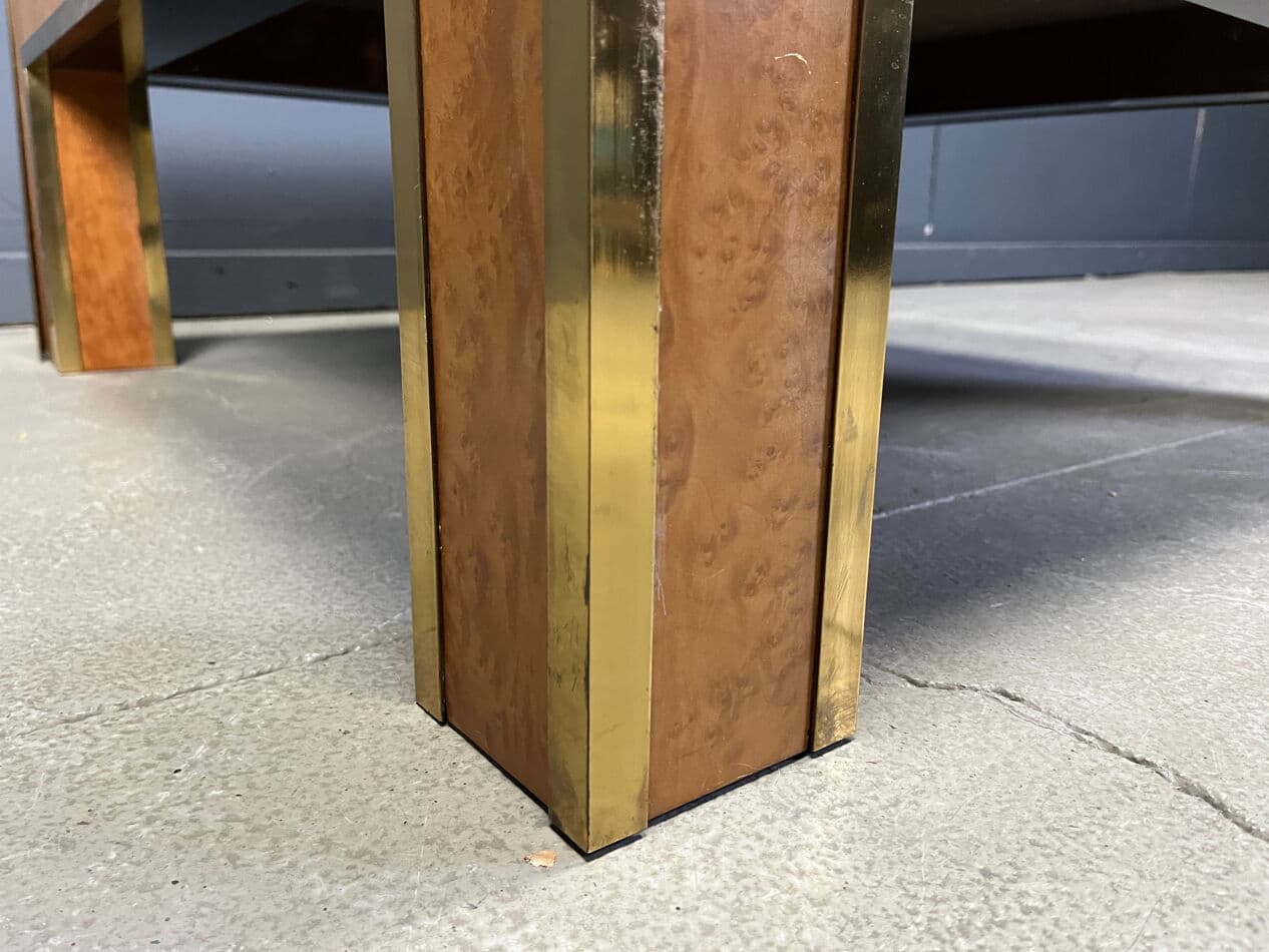 Coffee table, brown burl wood, brass, by J. C. Mahey, France, 1970s - 274042