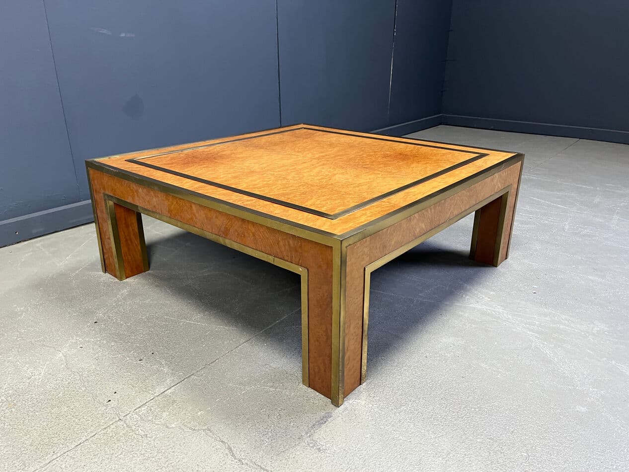 Coffee table, brown burl wood, brass, by J. C. Mahey, France, 1970s - 274038