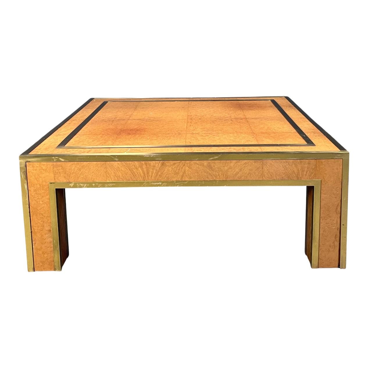 Coffee table, brown burl wood, brass, by J. C. Mahey, France, 1970s
