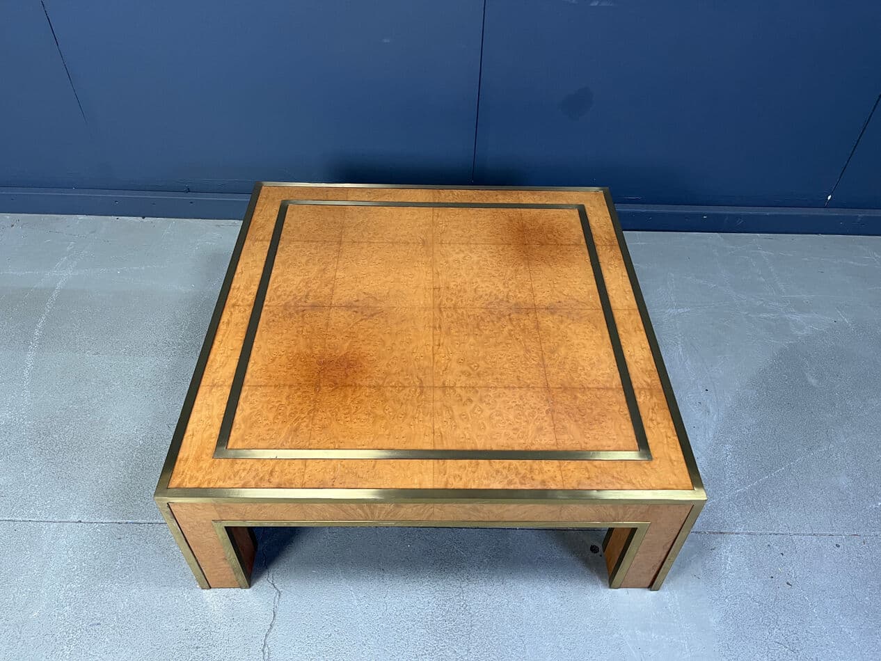 Coffee table, brown burl wood, brass, by J. C. Mahey, France, 1970s - 274034