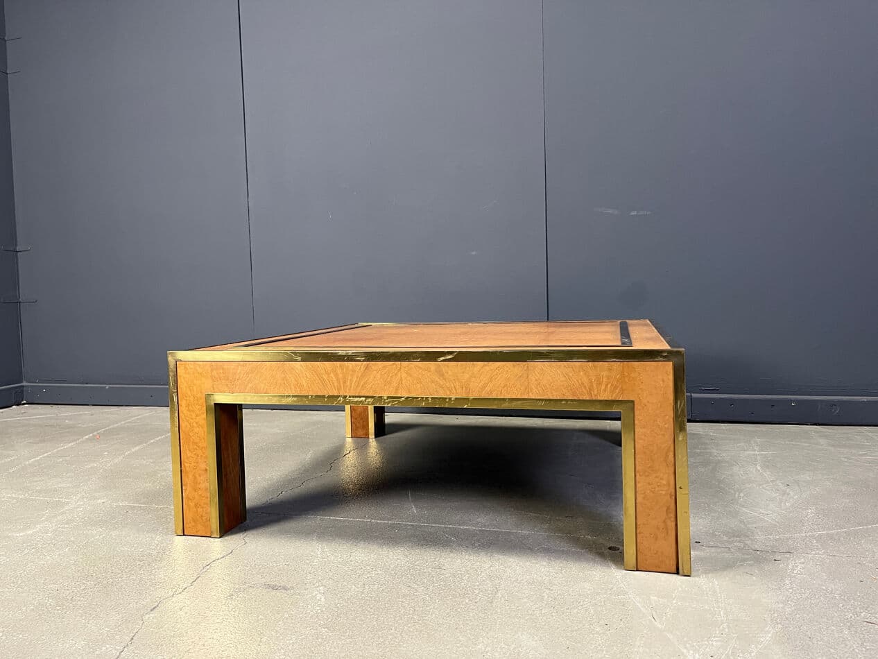 Coffee table, brown burl wood, brass, by J. C. Mahey, France, 1970s - 274035