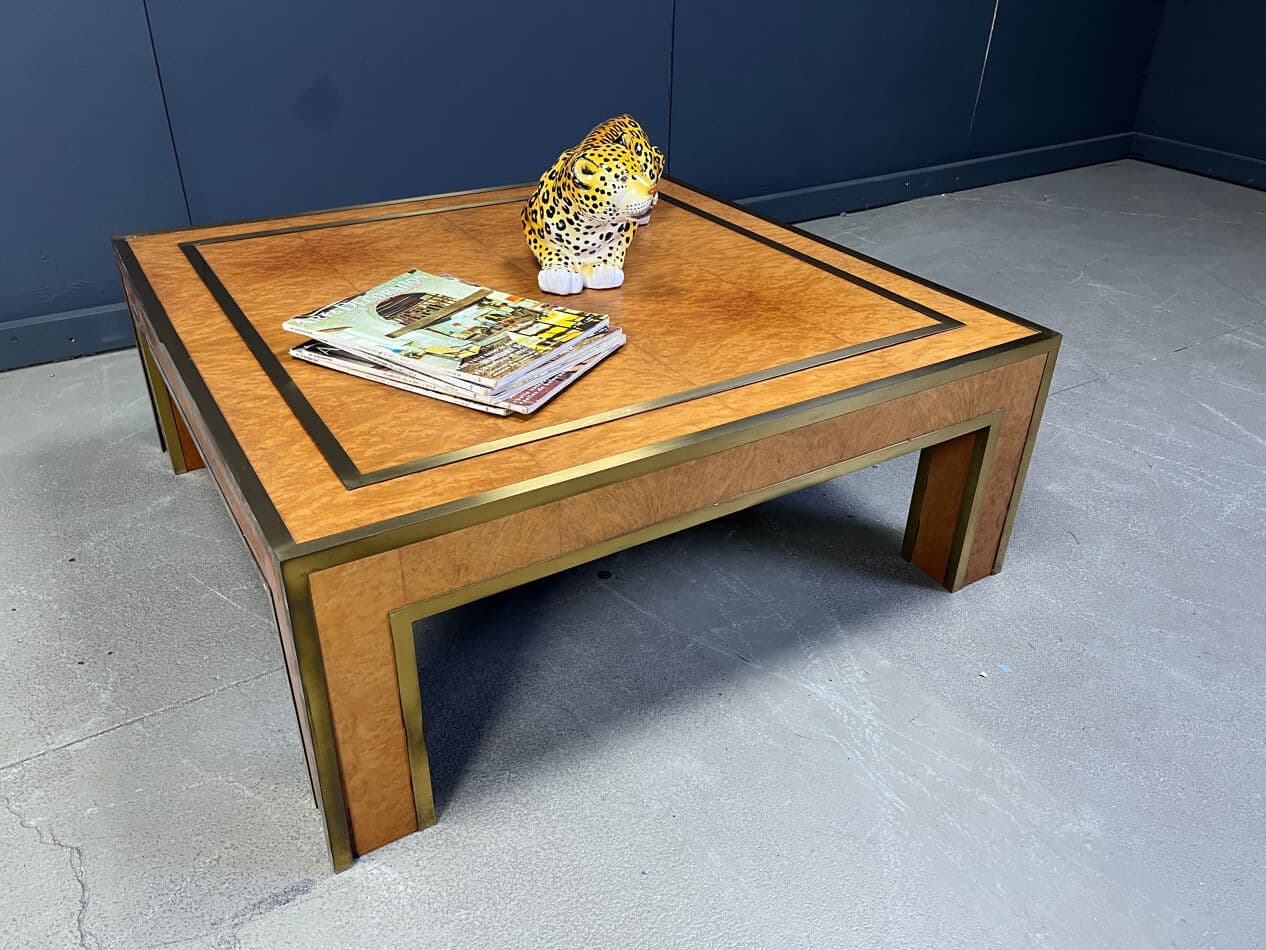 Coffee table, brown burl wood, brass, by J. C. Mahey, France, 1970s - 274039