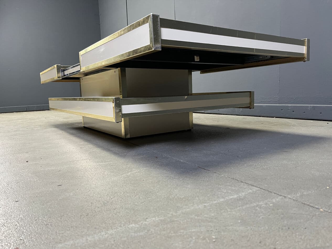 Coffee table, beige wood, brass, aluminum, by W. Rizzo, Italy, 1970s. - 273592