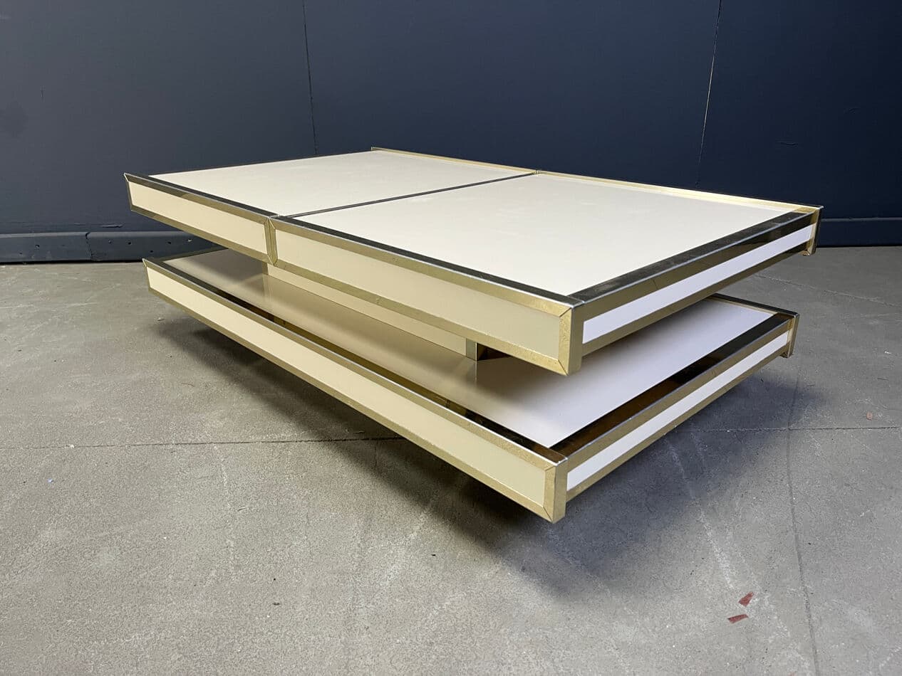 Coffee table, beige wood, brass, aluminum, by W. Rizzo, Italy, 1970s. - 273581