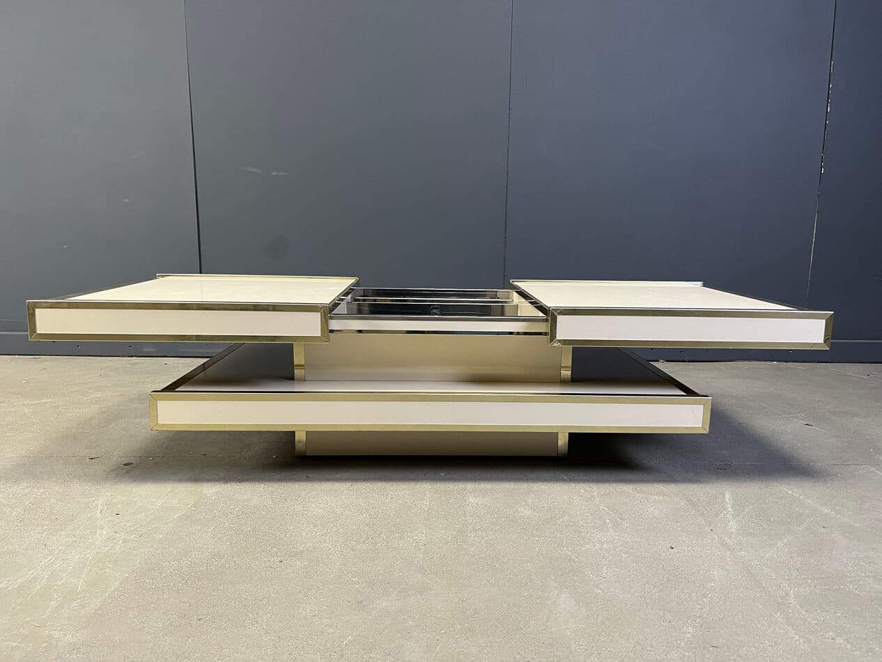 Coffee table, beige wood, brass, aluminum, by W. Rizzo, Italy, 1970s. - 273584