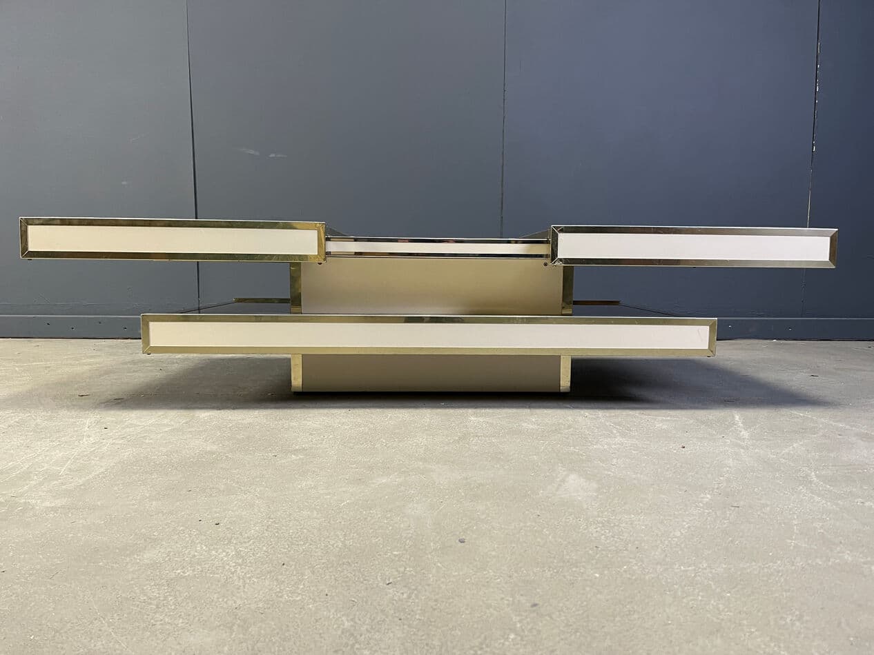 Coffee table, beige wood, brass, aluminum, by W. Rizzo, Italy, 1970s. - 273585