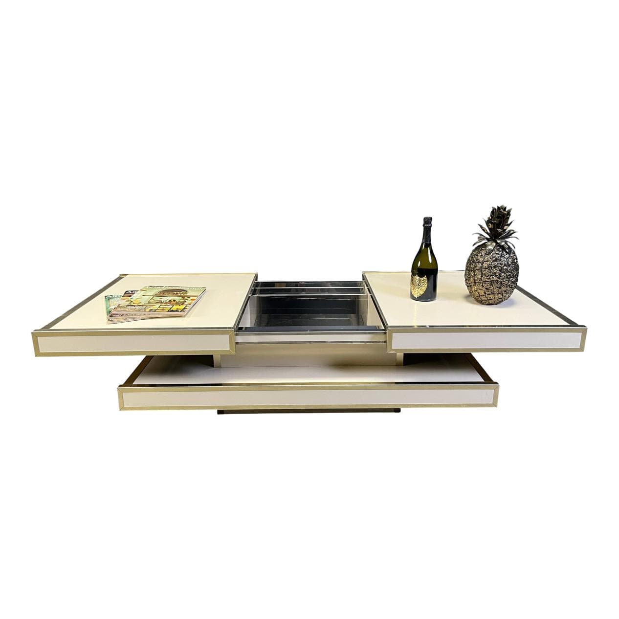 Coffee table, beige wood, brass, aluminum, by W. Rizzo, Italy, 1970s.