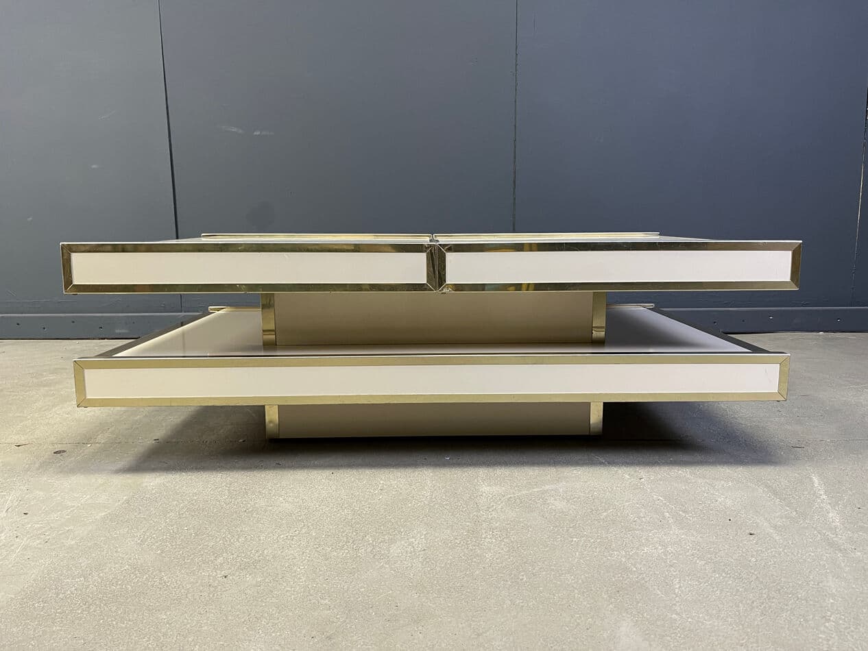 Coffee table, beige wood, brass, aluminum, by W. Rizzo, Italy, 1970s. - 273590